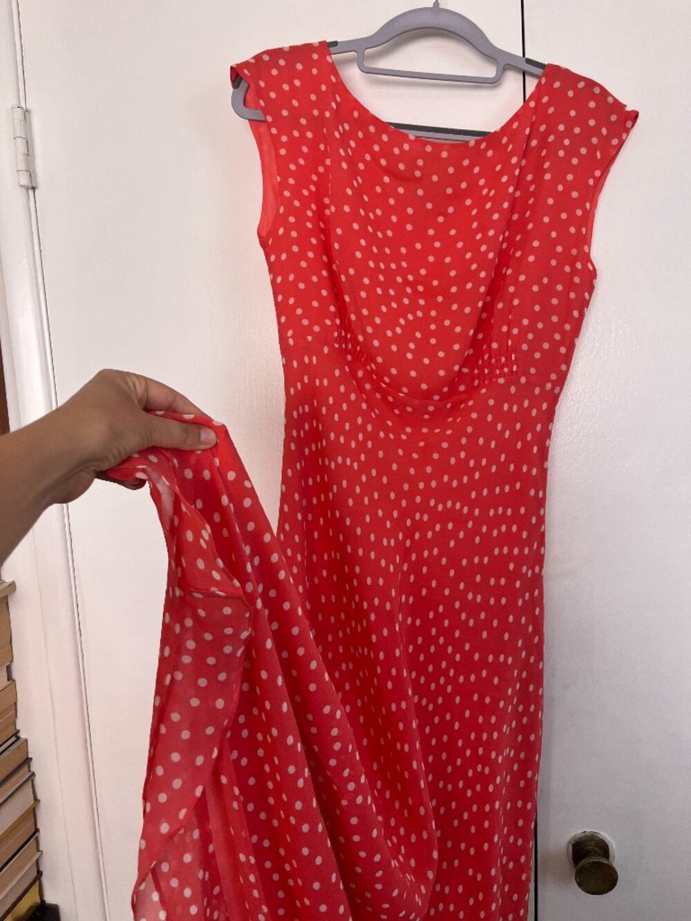 Chadwick's coral and white polka dot midi/maxi dress, silk lined — size 8